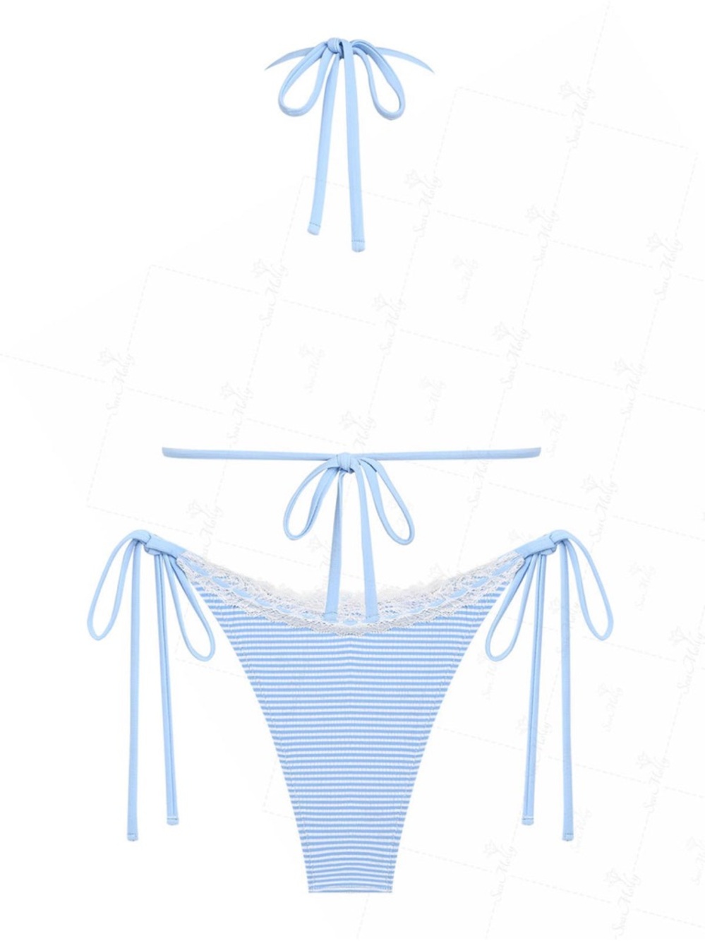 Light Blue Striped Lace-Trim Tie-Side Bikini Set NWT - Picture 2 of 6